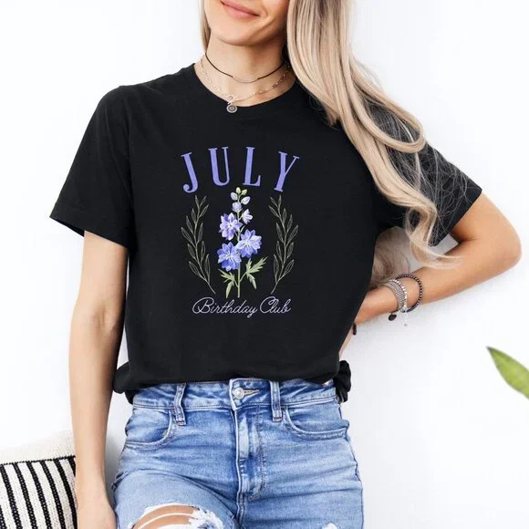 July Birthday Club July Month Flower Tee Vintage Larkspur Graphic Print Tee - Picture 1 of 4